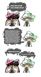 Rule 34 | + +, 2girls, :t, ^ ^, bare shoulders, black hair, blush stickers, callie (splatoon), clenched hands, closed eyes, comic, dress, dutch text, earrings, fangs, gloves, hat, highres, inkling, jewelry, jitome, marie (splatoon), mole, mole under eye, multiple girls, nintendo, open mouth, peachems (gemu), pointy ears, simple background, smile, splatoon (series), splatoon 1, strapless, strapless dress, tentacle hair, translated, white hair, yellow eyes