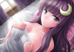 Rule 34 | 1girl, bare shoulders, bed, blush, breasts, cleavage, collarbone, crescent, crescent hair ornament, dutch angle, female focus, hair ornament, large breasts, long hair, looking at viewer, lying, on back, on bed, patchouli knowledge, pov across bed, purple eyes, purple hair, solo, sunlight, touhou, under covers, upper body, very long hair, window, y2, yes-no pillow