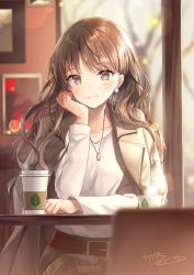 Rule 34 | 1girl, belt, blurry, breasts, brown eyes, brown hair, brown jacket, closed mouth, coffee cup, commentary request, copyright request, cup, day, depth of field, disposable cup, earrings, elbow rest, head on hand, head rest, indoors, jacket, jacket on shoulders, jewelry, kagachi saku, long hair, long sleeves, medium breasts, necklace, open clothes, open jacket, revision, shirt, sidelocks, signature, sitting, skirt, smile, solo, table, wavy hair, white shirt, window