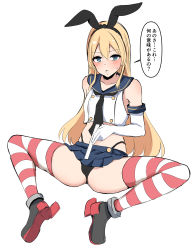 Rule 34 | 1boy, absurdres, baretto (karasi07), black hairband, black neckerchief, black panties, blonde hair, blue eyes, blue skirt, commentary, cosplay, crop top, crossdressing, elbow gloves, gloves, hairband, highleg, highleg panties, highres, holding ruler, kantai collection, long hair, male focus, measuring, microskirt, navel, neckerchief, original, panties, pleated skirt, ruler, shimakaze-kun, shimakaze (kancolle), shimakaze (kancolle) (cosplay), simple background, skirt, solo, speech bubble, striped clothes, striped thighhighs, thighhighs, thong, translated, trap, underwear, white gloves