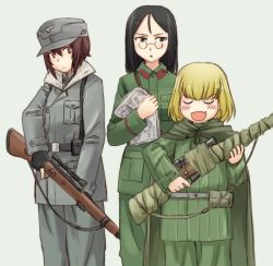 Rule 34 | 10s, 3girls, :d, ammunition pouch, belt, black belt, black gloves, black hair, blonde hair, blue eyes, blush stickers, bolt action, brown eyes, brown hair, cape, closed eyes, coat, commentary, cosplay, cross, emblem, enemy at the gates, fang, fingerless gloves, frown, girls und panzer, glasses, gloves, green cape, green jacket, green pants, grey background, grey coat, grey hat, grey pants, gun, hat, holding, holding gun, holding weapon, iron cross, jacket, katyusha (girls und panzer), long hair, long sleeves, looking at another, mauser 98, military, military uniform, multiple girls, newspaper, nishizumi maho, nonna (girls und panzer), open mouth, pants, pince-nez, pouch, rifle, round eyewear, sam browne belt, scope, short hair, smile, sniper rifle, standing, swept bangs, uniform, uona telepin, v-shaped eyebrows, weapon, weapon request