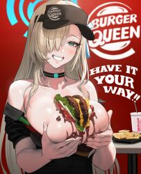 Rule 34 | 1girl, alternate costume, aqua eyes, asuna (blue archive), bare shoulders, black choker, black hat, black shirt, blue archive, blue eyes, blue halo, blue ribbon, blush, brand name imitation, breasts, breasts squeezed together, burger, burger king, choker, cup, drinking straw, employee uniform, english text, food, food between breasts, french fries, grabbing, grabbing another&#039;s breast, grin, hair over one eye, hair ribbon, halo, hat, highres, large breasts, light brown hair, logo parody, long hair, looking at viewer, name tag, off shoulder, parody, red background, ribbon, shiny skin, shirt, short sleeves, simple background, smile, solo, table, teeth, uniform, upper body, visor cap, zig90