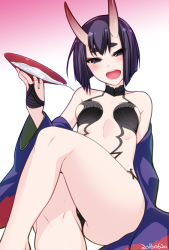 Rule 34 | 10s, 1girl, 2016, :d, alcohol, bare legs, bare shoulders, black gloves, blush, bowl, breasts, collarbone, crossed legs, cup, dated, eyebrows, fate/grand order, fate (series), gloves, half-closed eyes, half gloves, holding, holding bowl, horns, japanese clothes, kimono, looking at viewer, midriff, miyashiro sousuke, off shoulder, oni, open clothes, open kimono, open mouth, purple eyes, revealing clothes, round teeth, sakazuki, sake, shuten douji (fate), shuten douji (first ascension) (fate), simple background, small breasts, smile, solo, teeth, thick eyebrows, thighs, white background