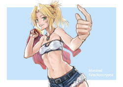 Rule 34 | 1girl, bandeau, bare shoulders, belt, blonde hair, braid, breasts, cleavage, fate/apocrypha, fate (series), fur trim, green eyes, grin, highres, jacket, unworn jacket, jewelry, looking at viewer, mao san, midriff, mordred (fate), mordred (fate/apocrypha), mordred (memories at trifas) (fate), navel, necklace, ponytail, shorts, smile, solo, strapless