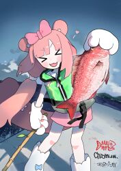Rule 34 | &gt; &lt;, 1girl, absurdres, animal, animal ears, animal hands, blush, bow, chromu, cloud, commission, dock, dress, facing viewer, fish, fishing rod, gloves, green vest, heart, highres, holding, holding animal, holding fish, holding fishing rod, indie virtual youtuber, long hair, open mouth, outdoors, paw gloves, pier, pink bow, pink dress, pink hair, red snapper, skeb commission, sky, solo, syakunetuu, tail, very long hair, vest, virtual youtuber, water, white footwear