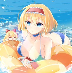 Rule 34 | 1girl, ahoge, alice margatroid, ass, bare shoulders, bikini, blonde hair, blue bikini, blue eyes, blush, bow, breasts, butt crack, choker, cleavage, closed mouth, collarbone, day, eyebrows, fingernails, frills, front-tie bikini top, front-tie top, hair between eyes, hair bow, hairband, innertube, large breasts, lolita hairband, long fingernails, looking at viewer, ocean, open mouth, partially submerged, red bow, shanghai doll, short hair, smile, star (symbol), star print, string bikini, swim ring, swimsuit, touhou, water, wet, youl