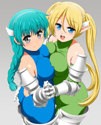 Rule 34 | 2girls, :d, anime coloring, aqua hair, armor, ass, ass grab, back, black eyes, blonde hair, blue eyes, blush, braid, breast press, breasts, capitan (tsyoujo), cleavage, collarbone, covered erect nipples, detached sleeves, elf, from above, greaves, grey background, hairband, highres, holding hands, long hair, looking at viewer, medium breasts, multiple girls, open mouth, original, pointy ears, simple background, skin tight, smile, symmetrical docking, thighhighs, twintails