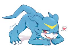 Rule 34 | 1boy, blue skin, claws, colored skin, commentary request, digimon, digimon (creature), fang, full body, furry, furry male, heart, highres, horns, jack-o&#039; challenge, meme, open mouth, red eyes, shoru (nion bubble), simple background, single horn, solo, spoken heart, spread legs, top-down bottom-up, v-mon, white skin