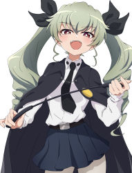 Rule 34 | 1girl, :d, absurdres, anchovy (girls und panzer), belt, belt buckle, black belt, black cape, black necktie, black ribbon, blue skirt, blush, bright pupils, buckle, cape, collared shirt, commentary request, girls und panzer, green hair, hair ribbon, highres, holding riding crop, long hair, long sleeves, looking at viewer, necktie, nishizuki shino, open mouth, pantyhose, pleated skirt, red eyes, ribbon, riding crop, shirt, simple background, skirt, smile, solo, twintails, white background, white pantyhose, white pupils, white shirt