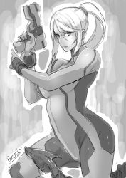 Rule 34 | 1girl, bodysuit, breasts, butcha-u, closed mouth, gloves, greyscale, gun, highres, large breasts, long hair, looking at viewer, metroid, mole, mole under mouth, monochrome, nintendo, ponytail, ridley, samus aran, simple background, skin tight, varia suit, weapon, zero suit