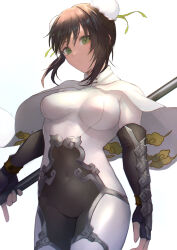 Rule 34 | 1girl, arm guards, black gloves, black hair, blush, bodysuit, breasts, bun cover, cape, closed mouth, cloud print, covered navel, double bun, elbow gloves, fate/grand order, fate (series), fingerless gloves, gloves, green eyes, green ribbon, hair bun, highres, looking at viewer, medium breasts, otsukemono, polearm, qin liangyu (fate), revision, ribbon, sidelocks, simple background, solo, spear, thighs, weapon, white bodysuit, white cape