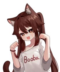 Rule 34 | 1girl, :d, animal ears, bead bracelet, beads, bracelet, brown hair, casual, cat ears, cat girl, collarbone, commentary, contemporary, english text, genshin impact, hair between eyes, head tilt, highres, hu tao (genshin impact), jewelry, kemonomimi mode, long hair, looking at viewer, miyako draw, open mouth, orange eyes, paw pose, shirt, short sleeves, sidelocks, simple background, smile, solo, symbol-shaped pupils, t-shirt, twintails, white background, white shirt