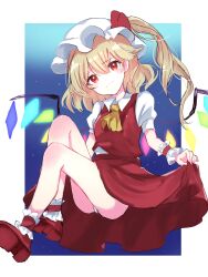 Rule 34 | 1girl, ascot, blonde hair, blue background, breasts, closed mouth, collared shirt, flandre scarlet, full body, glowing, glowing wings, hair between eyes, hat, head tilt, highres, lifted by self, long hair, looking at viewer, mirokudays, mob cap, multicolored wings, one-hour drawing challenge, one side up, panties, puffy short sleeves, puffy sleeves, red eyes, red footwear, red skirt, red vest, shirt, shoe soles, short sleeves, simple background, skirt, skirt hold, skirt set, sky, small breasts, solo, star (sky), starry sky, touhou, underwear, vest, white hat, white panties, white shirt, wings, yellow ascot