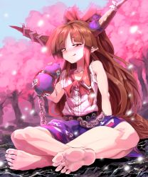 Rule 34 | 1girl, :q, arm behind back, arm support, bare legs, bare shoulders, barefoot, belt, big hair, black belt, blunt bangs, blush, bow, brown hair, chain, cherry blossoms, closed mouth, commentary, crossed ankles, day, dress shirt, drunk, feet, full body, gourd, hair bow, half-closed eyes, highres, holding, horn bow, horn ornament, horn ribbon, horns, ibuki suika, indian style, licking lips, long hair, looking at viewer, neckerchief, no shoes, no socks, nose blush, on ground, outdoors, pointy ears, purple bow, purple skirt, red bow, red neckerchief, ribbon, ribbon-trimmed skirt, ribbon trim, rope, shirt, sidelocks, sitting, skirt, sleeveless, sleeveless shirt, smile, soles, solo, sunnysideup, toes, toned, tongue, tongue out, torn clothes, torn sleeves, touhou, tree, very long hair, white bow, white ribbon, white shirt
