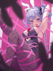 Rule 34 | 1girl, absurdres, animal ears, armpits, arms up, bdsm, black leotard, blue eyes, blue hair, blurry, blurry foreground, blush, bondage, bound, breasts, clothing cutout, commentary request, cutout above navel, eyelashes, fishnet pantyhose, fishnets, hatsune miku, heart, heart-shaped pupils, heart cutout, highres, large breasts, leotard, medium hair, nagi-negitoro, necktie, pantyhose, pink background, pink necktie, playboy bunny, pole, rabbit ears, rabbit hole (vocaloid), restrained, ribbon, solo, spaghetti strap, stripper pole, symbol-shaped pupils, teardrop, twintails, vocaloid