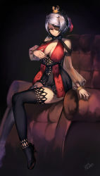 Rule 34 | 10s, 1girl, blade &amp; soul, breasts, couch, covered erect nipples, eyepatch, gloves, highres, large breasts, long hair, mukka, red eyes, skirt