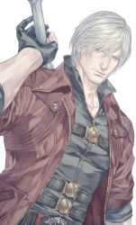 Rule 34 | 1boy, belt, black shirt, blue eyes, coat, collarbone, collared coat, dante (devil may cry), devil may cry (series), devil may cry 5, facial hair, gloves, gold trim, holding, holding weapon, looking at viewer, male focus, open clothes, open coat, parted hair, partially unbuttoned, popped collar, red coat, shirt, short hair, simple background, solo, stubble, sword, talgi, weapon, white hair