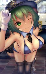 Rule 34 | 1girl, ;), bikini, black necktie, black thighhighs, blue bikini, blue headwear, breasts, car, checkered floor, cleavage, closed mouth, cuffs, detached sleeves, dog tail, gloves, highres, kasodani kyouko, large breasts, leaning forward, looking at viewer, motor vehicle, necktie, one eye closed, pocket, police car, shounen (hogehoge), smile, solo, standing, swimsuit, tail, thighhighs, touhou, white gloves