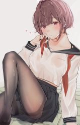 Rule 34 | 1girl, bad id, bad twitter id, black pantyhose, black skirt, blush, breasts, brown hair, closed mouth, heart, highres, long sleeves, looking at viewer, mole, mole on neck, neckerchief, original, pantyhose, pleated skirt, rain, red eyes, red neckwear, sailor collar, school uniform, serafuku, shiny clothes, shirt, short hair, simple background, sitting, skirt, solo, thick thighs, thighs, uiri-na, undone neckerchief, white shirt