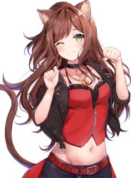 Rule 34 | 1girl, ;3, animal ear fluff, animal ears, bang dream!, belt, belt buckle, belt collar, black jacket, black pants, breasts, brown hair, buckle, cat ears, cat tail, chain, chain necklace, cleavage, collar, collarbone, green eyes, groin, half updo, high ponytail, highres, imai lisa, jacket, jewelry, kemonomimi mode, long hair, looking at viewer, medium breasts, mia (fai1510), midriff, navel, necklace, one eye closed, open clothes, open jacket, pants, simple background, smile, solo, stomach, tail, white background
