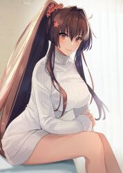Rule 34 | 1girl, alternate costume, bare legs, blush, breasts, brown eyes, brown hair, cherry blossoms, closed mouth, feet out of frame, flower, hair between eyes, hair flower, hair ornament, highres, kantai collection, kasumi (skchkko), large breasts, long hair, long sleeves, pink flower, ponytail, ribbed sweater, sitting, sleeves past wrists, solo, sweater, very long hair, white sweater, yamato (kancolle)