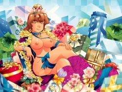 Rule 34 | 1girl, arm support, bow, bracelet, breasts, brown eyes, brown hair, cape, commentary request, crossed legs, crown, daimaou k, evil smile, eyebrows, flower, gerra, gift, haevest, hand on own knee, jewelry, long hair, looking down, naked cape, naked ribbon, narrowed eyes, nipples, nude, original, patterned background, reclining, ribbon, rose, sitting, smile, solo, sparkle, thick eyebrows, wavy hair, white day