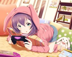 Rule 34 | 1girl, :o, :x, absurdres, animal hood, blue eyes, blue shorts, blush, book, carpet, commentary request, controller, curtains, door, dualshock, dutch angle, feet, figure, flower pot, foreshortening, full body, game controller, gamepad, glint, handheld game console, highres, holding, hood, hood up, hoodie, idolmaster, idolmaster million live!, indoors, long sleeves, mochizuki anna, nintendo ds, no shoes, on floor, open mouth, pillow, pink socks, plant, playing games, playstation controller, playstation vita, polka dot, poster (object), potted plant, purple hair, rabbit hood, shelf, short hair, shorts, siokazunoko, socks, solo, sony, stuffed animal, stuffed rabbit, stuffed toy