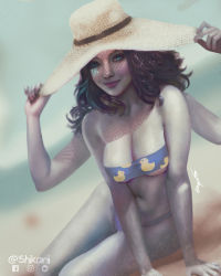 Rule 34 | 1girl, absurdres, bare shoulders, beach, bikini, blue eyes, blue hair, breasts, cleavage, collarbone, colored skin, elden ring, extra arms, facial mark, glowing tattoo, grey skin, hat, highres, looking at viewer, medium breasts, one eye closed, ranni the witch, realistic, shikarii, sitting, smile, solo, sun hat, swimsuit