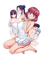 Rule 34 | 1boy, 4girls, :&gt;, blue hair, blush, breasts, brown eyes, brown hair, clenched teeth, closed mouth, covering privates, covering breasts, expressionless, eyebrows hidden by hair, feet, full body, hamada yoshikazu, high ponytail, highres, kagami kasumi, kiriha (tsugumomo), kokuyou (tsugumomo), large breasts, legs, light blue hair, long hair, looking at viewer, multiple girls, naked towel, official art, open mouth, orange eyes, purple hair, red eyes, red hair, short hair, simple background, smile, sumeragi sunao, teeth, thighs, toes, towel, tsugumomo, white background
