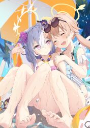 Rule 34 | 2girls, absurdres, azusa (blue archive), azusa (swimsuit) (blue archive), bare legs, barefoot, bikini, blue archive, blush, closed eyes, day, feet, flat chest, frilled bikini, frills, hair between eyes, halo, hifumi (blue archive), hifumi (swimsuit) (blue archive), highres, knees together feet apart, knees up, legs, light brown hair, long hair, matcha (user yyss8744), multiple girls, official alternate costume, open mouth, outdoors, palm tree, parasol, parted lips, pink eyes, smile, soles, swimsuit, toenails, toes, tree, umbrella, white hair, yellow halo