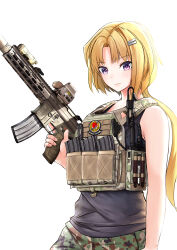 Rule 34 | absurdres, assault rifle, black shirt, black tank top, blonde hair, bulletproof vest, camouflage, camouflage pants, ellen aice, gun, h&amp;k hk416, hair ornament, hairclip, highres, holding, holding gun, holding weapon, military, muv-luv, pants, ponytail, purple eyes, rifle, shirt, tactical clothes, tank top, utsucan, weapon, white background