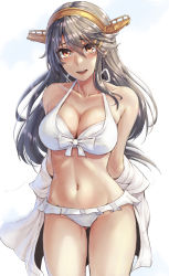 Rule 34 | 1girl, :d, bare shoulders, bikini, black hair, blush, breasts, brown eyes, cleavage, collarbone, frilled bikini, frills, hair ornament, hairband, hairclip, haruna (kancolle), headgear, highres, jacket, kantai collection, kokuzou, large breasts, long hair, looking at viewer, off shoulder, open mouth, smile, solo, swimsuit, white bikini, white jacket