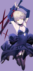 Rule 34 | 1girl, absurdres, arms up, artoria pendragon (all), artoria pendragon (fate), black dress, black legwear, blonde hair, braid, breasts, detached sleeves, dress, excalibur morgan (fate), fate/stay night, fate (series), french braid, garter straps, gradient background, halterneck, henken, highres, midair, purple background, saber alter, simple background, small breasts, solo, sword, weapon, yellow eyes