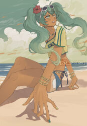 1girl blue_eyes blue_hair brazilian_miku dark-skinned_female dark_skin female_focus hatsune_miku solo vocaloid