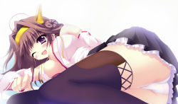 Rule 34 | 10s, 1girl, ;d, ahoge, ass, black skirt, blush, boots, breasts, brown hair, cleavage, detached sleeves, eyebrows, female focus, hair bun, hair intakes, hairband, headgear, japanese clothes, kantai collection, kongou (kancolle), large breasts, long hair, looking at viewer, lying, miniskirt, nontraditional miko, nora (otome70121), on side, one eye closed, open clothes, open mouth, open shirt, panties, pantyshot, purple eyes, ribbon-trimmed sleeves, ribbon trim, shirt, single hair bun, skirt, smile, solo, thigh boots, thighhighs, underwear, untied, upskirt, white panties