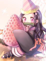 Rule 34 | 1girl, black hair, blush, chibi, commentary request, food, fruit, gag, hat, highres, holding, holding food, kamado nezuko, kimetsu no yaiba, long hair, looking at viewer, party hat, pink eyes, ro (igris-geo), sidelocks, sleeves past wrists, solo, strawberry, wide sleeves