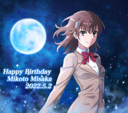 Rule 34 | 1girl, 2022, bad id, bad pixiv id, blazer, bow, bowtie, brown eyes, brown hair, character name, closed mouth, commentary request, dated, full moon, hair ornament, happy birthday, highres, jacket, long sleeves, looking at viewer, misaka mikoto, moon, night, night sky, prime (cameron), red bow, red bowtie, school uniform, shirt, short hair, sky, smile, solo, star (sky), starry sky, toaru kagaku no railgun, toaru majutsu no index, tokiwadai school uniform, upper body, white shirt