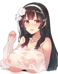 Rule 34 | 1girl, black hair, blunt bangs, blush, breasts, brown eyes, choker, collarbone, covered erect nipples, girls&#039; frontline, hair ornament, hair ribbon, hairband, holding, justeeeeth, large breasts, long hair, open mouth, ribbon, simple background, smile, solo, towel, type 95 (girls&#039; frontline), white background