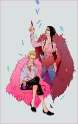 Rule 34 | 2boys, blonde hair, brothers, capri pants, card, denim, donquixote doflamingo, donquixote pirates, donquixote rocinante, feather boa, feathers, grin, heart, heart print, highres, jeans, julyan, crossed legs, lipstick, looking at viewer, makeup, male focus, multiple boys, one piece, pants, playing card, siblings, sitting, smile, standing, sunglasses