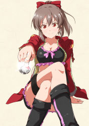 Rule 34 | &gt;:), 1girl, belt, black footwear, blush, boots, bow, breasts, brown hair, cleavage, closed mouth, commentary request, crossed legs, frills, glint, hair between eyes, hair ribbon, holding, hori yuuko, idolmaster, idolmaster cinderella girls, jacket, looking at viewer, medium breasts, open clothes, open jacket, pink bow, pointing, pointing at viewer, ponytail, red bow, red eyes, red jacket, ribbon, short ponytail, short shorts, shorts, sidelocks, simple background, sitting, smile, solo, spoon, sports bra, susutaketakumi, thigh strap, thighs, unzipped
