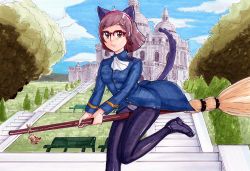 Rule 34 | 1girl, absurdres, animal ears, bad id, beargguy iii, bench, black pantyhose, broom, brown eyes, brown hair, cat ears, cat tail, cloud, cosplay, crotch seam, day, glasses, gundam, gundam build fighters, hairband, hayami jin, highres, kousaka china, looking at viewer, military, military uniform, panties, panties under pantyhose, pantyhose, perrine h. clostermann, perrine h clostermann (cosplay), short hair, sky, stairs, strike witches, tail, traditional media, tree, underwear, uniform, world witches series