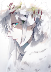 Rule 34 | 1girl, absurdres, blue eyes, blurry, closed mouth, commentary request, ear piercing, earrings, flower, flower request, highres, jewelry, leaf, lily (flower), long hair, original, piercing, portrait, profile, sideways glance, solo, twitter username, upper body, white background, white flower, white hair, yagi (shiro yagi)