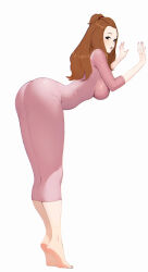 Rule 34 | 1girl, ass, barefoot, bobobong, breasts, brown eyes, brown hair, dress, from side, full body, hands up, highres, impossible clothes, large breasts, long hair, looking at viewer, mature female, open mouth, original, pink dress, red eyes, simple background, skin tight, solo, sweater, sweater dress, tiptoes, white background