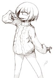 Rule 34 | 1girl, aran sweater, blunt bangs, blush, brushing teeth, cable knit, collar, cowboy shot, cyclops, greyscale, highres, looking at viewer, monochrome, one-eyed, original, outstretched arm, puffy sleeves, ribbed sweater, shima (sh1mamu), sketch, smile, solo, sweater, toothbrush, toothbrush in mouth, turtleneck
