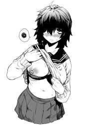 Rule 34 | 1girl, 3:, bags under eyes, blush, bra, breasts, breasts out, clothes lift, fukumaaya, greyscale, hair over one eye, highres, jimiko, large breasts, lifting own clothes, looking at viewer, monochrome, navel, nipples, original, pleated skirt, sailor collar, school uniform, serafuku, shirt, shirt lift, short hair, simple background, skirt, solo, spoken squiggle, squiggle, sweatdrop, underwear, white background