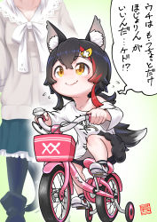 Rule 34 | 2girls, absurdres, aged down, animal ears, bicycle, black hair, black legwear, boots, breasts, fang, fang out, flying sweatdrops, hair ornament, hairclip, highres, hololive, hololive gamers, kineko9218, long hair, multiple girls, ookami mio, red hair, riding, riding bicycle, shirakami fubuki, shirakami fubuki (street), shorts, skirt, smile, translation request, virtual youtuber, wolf ears, yellow eyes