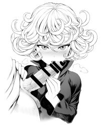 Rule 34 | 1boy, 1girl, black dress, blush, breasts, censored, curly hair, dress, fellatio, hetero, highres, licking, looking at viewer, mogudan, monochrome, one-punch man, oral, penis, short hair, simple background, small breasts, sweat, tatsumaki