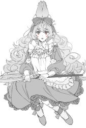 Rule 34 | 1girl, animal ear fluff, animal ears, apron, brown eyes, rabbit ears, dress, facial mark, frilled ribbon, frills, greyscale, hair ribbon, heterochromia, highres, invisible chair, long hair, long sleeves, looking at viewer, monochrome, original, parted lips, ribbon, sankomichi, scissors, shoes, simple background, sitting, solo, spot color, very long hair, white background