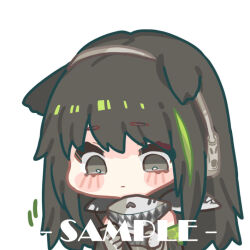 Rule 34 | 1girl, animal ears, bare shoulders, black hair, blush stickers, chibi, closed mouth, commentary request, cui pi zha xia qiu, ears down, girls&#039; frontline, green hair, grey eyes, headphones, kemonomimi mode, long hair, m4a1 (girls&#039; frontline), multicolored hair, sample watermark, simple background, solo, streaked hair, upper body, watermark, white background