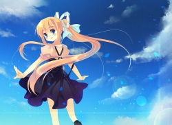 Rule 34 | 00s, 1girl, air (visual novel), blonde hair, blue eyes, blush, kamio misuzu, lens flare, light smile, long hair, looking back, outstretched arms, outstretched hand, ponytail, ribbon, shinia, solo, spread arms, very long hair